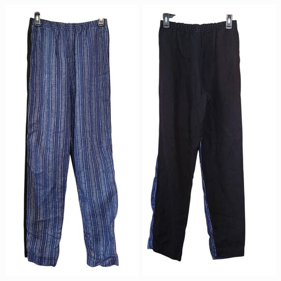 Tory Burch 100% Linen Pants Elastic Waist Striped front solid black back sz 2 - Picture 2 of 11